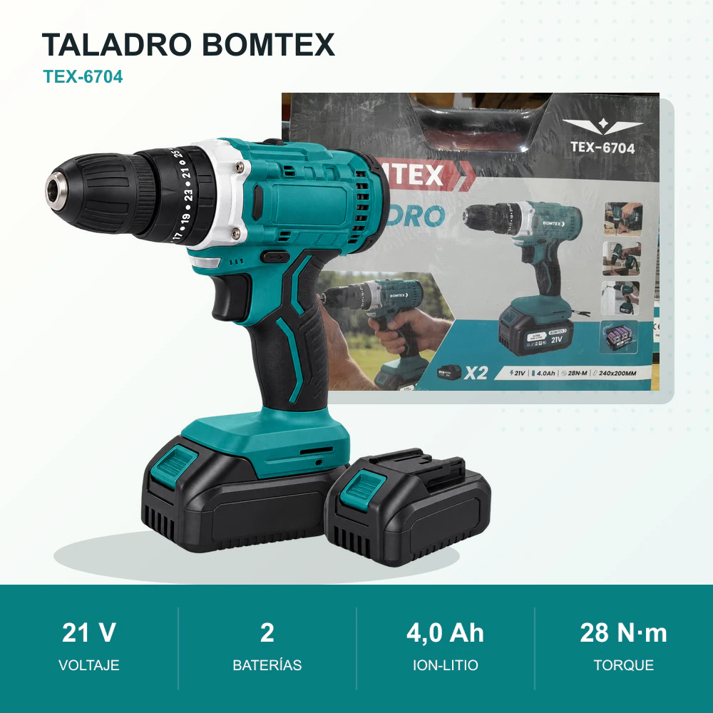 Taladro inalámbrico Bomtex TEX-6704 21V con 2 baterías - Imagen 2